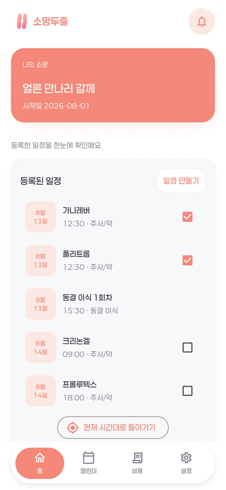 소망두줄 등록된 치료 일정 화면